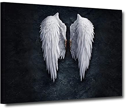 ZHONGYUTONG Engelsflügel Leinwand Gerahmt Weiße Flügel Feder auf Schwarzem Hintergrund Bild Gemälde Glamouröse Wanddekoration für Schlafzimmer Wohnzimmer (80x120cm)