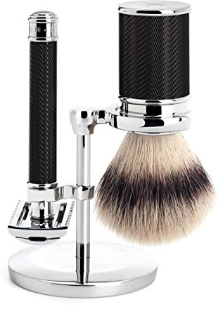 MÜHLE TRADITIONAL Rasierset, 3-tlg, Silvertip Fibre-Rasierpinsel, Rasierhobel mit offenem Kamm, Ständer - Griffe aus Metall, verchromt/schwarz