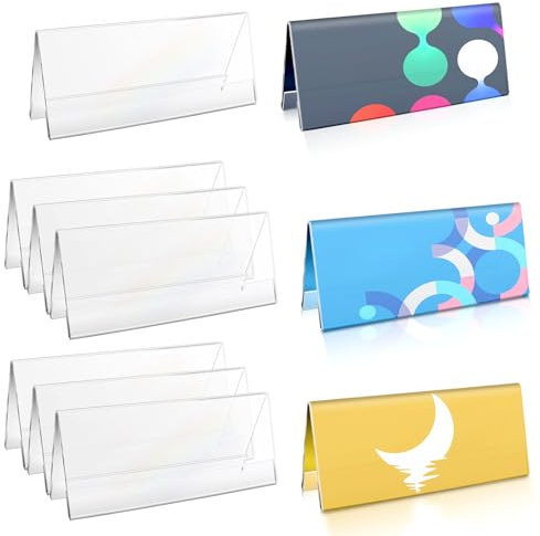 Vmiapxo Paquete de 10 placas de identificación acrílicas, 7.6 x 21.6 cm, soportes de números de mesa, etiquetas de precio de alimentos, placas de identificación de escritorio para aula, oficina
