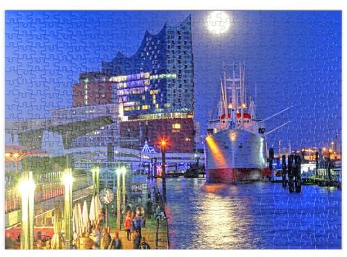 MyPuzzle St.-Pauli-Landungsbrücken mit Elbphilharmonie in der HafenCity, Hamburg - Premium 500 Teile Puzzle - MyPuzzle Sonderkollektion von Puzzle Galaxy
