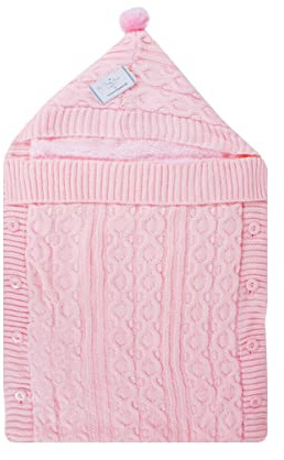 SaRani Copertina Sacco Baby Bimbo in Lana Cappuccio Pon-Pon Trecce 45x70 cm (Rosa)