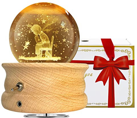 HABOWN Caja de música con bola de cristal K9, caja de música de madera giratoria a 360°, proyección de loto de luz cálida, regalo de cumpleaños, regalo de Navidad, regalo de San Valentín