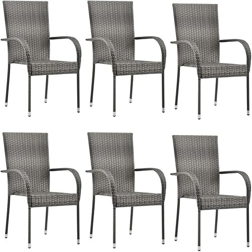 KOIECETA Gartenstuhl Stapelbar Gartensessel Stapelstuhl Essstuhl Stapelsessel Stuhl Sessel Stühle Gartenmöbel Terrasse Grau Poly Rattan (Grau, 6X), (V4646)