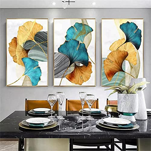 FSLEOVN Pack of 3 Wall Pictures Living Room Ginkgo Biloba Pictures HD Art Print Golden Plant Leaf Picture Modern Poster Canvas Without Frame (W 3 x 50 x 70 cm)
