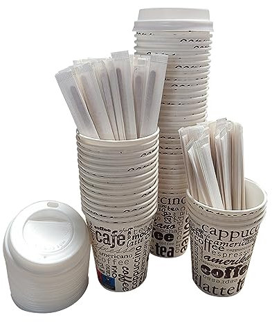 Lot de 100 verres jetables en papier cartonné de 200 ml avec 100 couvercles, verres résistants et élégants pour boissons chaudes ou froides, parfaits pour le bureau et la maison. Comprend 100 palettes