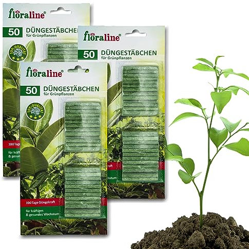 floraline® | 150x Grünpflanzen - Düngestäbchen | pro Stäbchen: Dünger für bis zu 100 Tage prächtige Blumen mit Wachstum und gesundem Aussehen pro Stäbchen | Sehr schonende & kinderleichte Anwendung