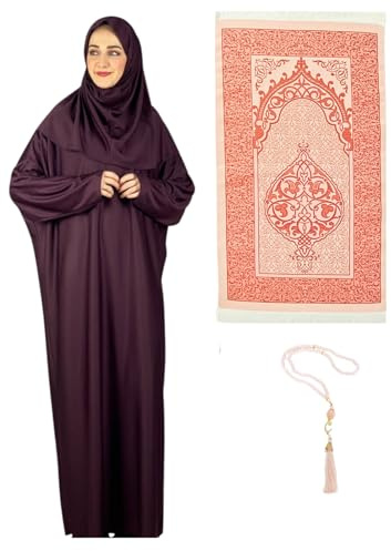 Prien kvinnor bönkläder med hijab bönpärlor bönematta, damer muslimska kläder, islam abaya-set, Ferace Tesettdörr Giyim, islamisk långärmad klänning, huvudduk, bönklänning för ramadan, Burgund, En
