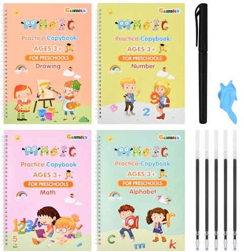 Magische Übungshefte ab 3+ Jahre, Kinder Magisches Heft Wiederverwendbare, Handschrift Kalligraphie Schreiblernheft, 4 Stück Magische Kalligraphie Große Schreiben Lernen, Zeichnung, Mathe, Briefe
