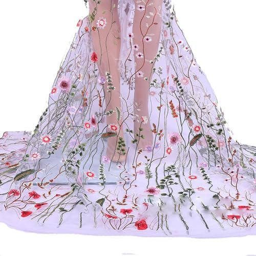 Yurosiay Blumen Bestickter Spitzenstoff 200×150cm Tüllstoff Mit Stickerei Blumenpflanze Netzstoff Mode Blumenstickerei Stoff Bunt Blumen Bestickter Tüll Meterware Tüll Stoff zum Nähen Weiße