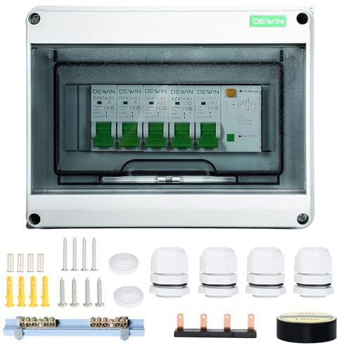 DEWIN Garage Consumer Unit 4 Way, Mini Circuit Breaker Garage Fuse Box Waterproof Distribution Box AC230V 63A Leakage Circuit Breaker with 2 * 6A+20A+32A for Outbuildings, Garage, Shed