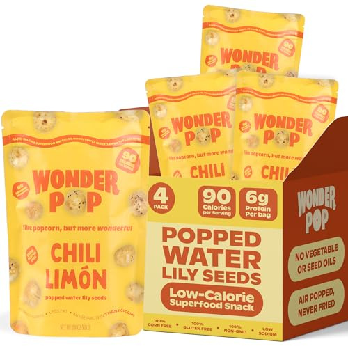 WonderPop Chili Limon – Popped Water Lily Seeds (4-Pack) | 90 Calorie, 6g Protein, Vegan, Gluten-Free, Non-GMO | Guilt-Free Plant-Based Crunchy Snack | 2.11oz Bags