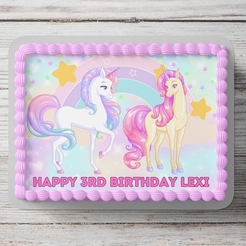 Cute Unicorn Themed Personalised Cake Topper A4 Size Edible Icing Sheet | Birthday Cake Decoration