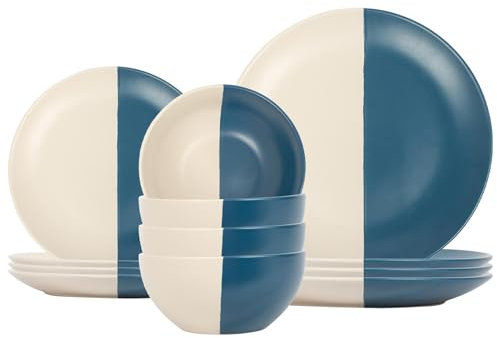 Nicola Spring 12pc Stoneware Dinner Set - Navy - 4-Person Dining Set Kitchen Ceramic Two Tone Dinnerware Crockery Plates and Bowls Set for Starters, Sides, Mains, Dessert