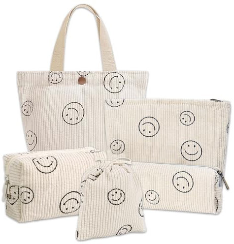 5 Stück Kosmetiktasche Cord Set, Make Up Tasche Damen, Smiley Reise Kosmetiktasche, Multifunktionaler Kosmetiktasche für Damen Mädchen