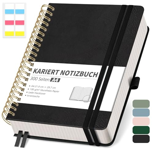RETTACY Notizbuch A4 Liniert, Bullet Journal mit 100 g/m² Dickem Papier, 150 Blatt/300 Nummerierten Seiten, Collegeblock für Büro und Schule, Lederhülle, Schwarz, 21 cm x 29.7 cm