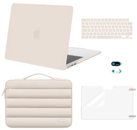 MOSISO Coque Compatible avec MacBook Air 13 Pouces M5 M4 M3 M2 2026-2022 | Étui Rigide&Puffy Sac Transport&Clavier&Cache Webcam&Film D'écran,Pour A3449 A3240 A3113 A2681,Sable