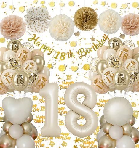 Beige Gold Geburtstag Dekorationen mit Nummer 18, Luftballon, Happy Birthday Banner und Konfetti für Party