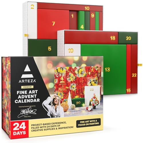 ARTEZA Adventskalender 2024 (24 Tage) Fine Art | Holiday Art Supplies Geschenk für Erwachsene | Enthält Farben, Pinsel und Projekt-Kits | Kuratiert von Tiffany Anna