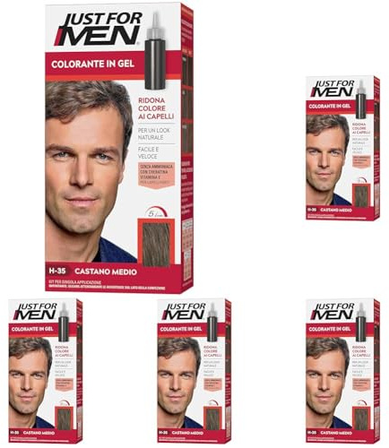 Just For Men Colorante In Gel, Tinta Semipermanente Per Capelli Uomo, Senza Ammoniaca, Con Cheratina E Vitamina E, Colore Castano Medio, H35 (Confezione da 5)