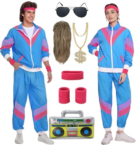 Miulruma 80er Jahre Kostüm Herren Damen 80er 90er Jahre Outfit mit 80er Jahre Gürteltasche 80er Accessoire Retro Stil Mottoparty Kostüm Trainingsanzug Anzug Kleidung Blau A039L