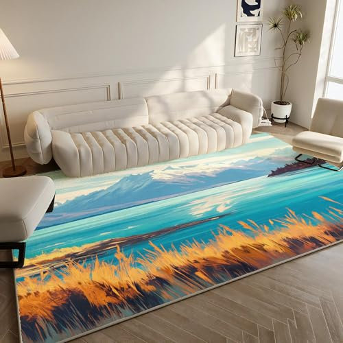 Area Rug Reeds Snow-Capped Mountains And Sea 3D Rugs, 120×180 CM Non-Slip Mat Throw Rug Yoga For Living Room Playroom Classroom Nursery Decor Outdoor Floor Carpets, Polyester Soft Touch Easy Clean