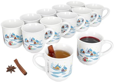 MamboCat Lot de 12 tasses à vin chaud 0,2 l blanc avec paysage de Noël coloré I tasses classiques en céramique I calibrées I Idéal pour le marché de Noël