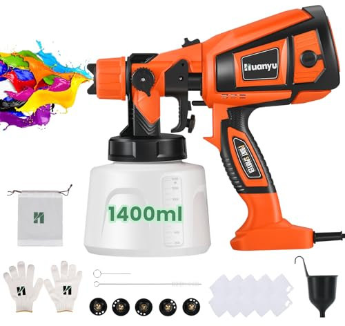 Huanyu Spruzzatore elettrico 850W Pistola per verniciatura a spruzzo elettrica con contenitore da 1400ml Pistola a spruzzo potente con 5 ugelli Pistola a spruzzo regolabile (Arancione)