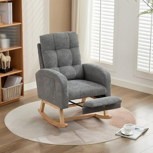 YESGIGA Teddy Samt Schaukelstuhl, Sessel in Optik, Gummibaumbeine, Spritzguss-Eisenrahmen, Wohnzimmersessel, Schlafzimmersessel mit Kopfstütze Fußstütze (Grau)