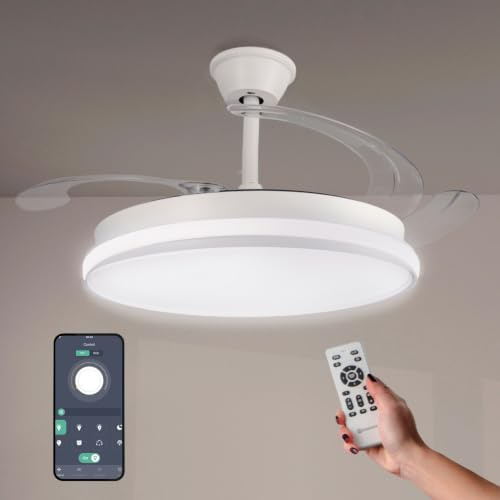 M mimotec -Ventilador de Techo White Cami Retráctil con Luz LED CCT Ø107 cm, Mando a Distancia, Silencioso, 6 Velocidades, Aspas Plegables, Temporizador y Función Verano/Invierno