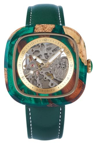 BOBO Bird Mens Wooden Watches Square Skeleton Mechanical Watch, Automatic Self-Winding, Leather Strap, Multiple Colors