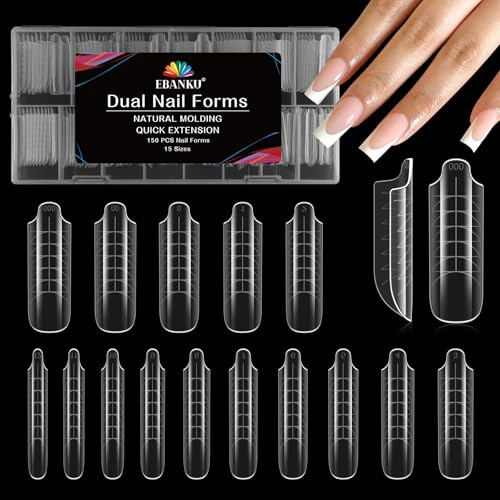 EBANKU 150PCS Poly Gel Nagelformer, Återanvändbara Dual Forms för Polygel Kvadratisk formad Nagelform Akryl Nagelförlängningsverktyg för Hemsalong Nagelmanikyr,15 Storlekar