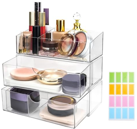 3 Stück Clear Cosmetics Organizer mit Schublade, Stackable Make Up Container für Frauen, Schmuck Aufbewahrungsbox Lippenstift Veranstalter für Dressing Tisch Vanity Countertop Schlafzimmer Schrank