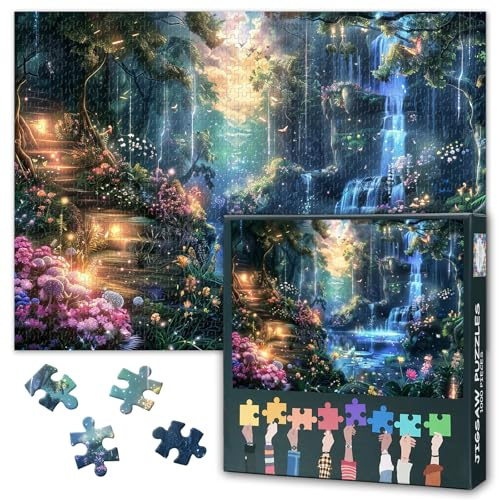 Lot de 1000 puzzles colorés magiques de la forêt enchantée pour adultes Forêt difficile avec cascade Puzzles comme cadeaux Intelligence Puzzle Décoration d'intérieur 70 cm x 50 cm