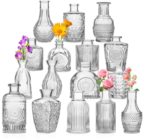 RINEENOM Glass Bud Vases Set of 16 - Small Clear Mini Flower Vases for Wedding Centerpieces, Bulk Vintage Table Decor, Home, Party & Floral Arrangements