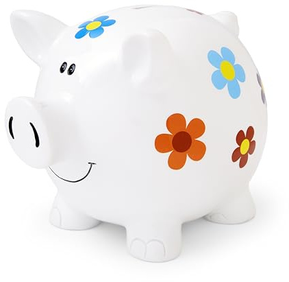 Mousehouse Gifts - Grande salvadanaio a forma di maiale per ragazze, bambini e adulti (bianco con fiori)