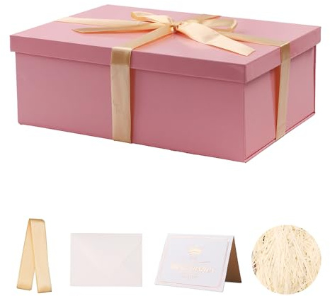 KdmNzoo Geschenkbox mit Deckel 31 x 21 x 11 cm groß, Geschenkbox mit Schleifen, Grußkarten, Raffia Hamper Shreds für rosa