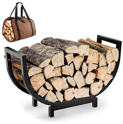 24-In Curved Firewood Rack with Log Carrier, Combo Compact Firewood Rack Indoor Log Holder Set, 24-in Wide Steel Firewood Stand & Foldable Oxford-Canvas Wood Tote Bag, 4.85 lb