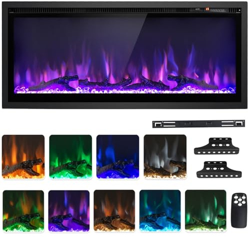 COSTWAY 42”/106cm Electric Fireplace, Wall Mounted/Recessed/Freestanding Fire Heater with 9 LED Flame Color, 5 Brightness, Remote, Thermostat, 1-8H Timer, Overheat Protection, 750W/1500W (42”/106cm)