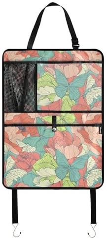 Mariposas y peonías Organizador de bolsillo para asiento trasero de coche, soporte para tableta, organizador para colgar en el coche, tapete para niños con bolsillo