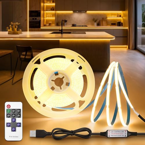 BRIMETI USB COB LED Streifen 5V 2M Warmweiß 3000K Dimmbar Selbstklebend LED Strip Lights 320LEDs/M Flexibel Lichtband mit Fernbedienung für TV Beleuchtung Spiegel Schlafzimmer Küche Dekoration