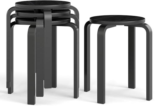 COSTWAY Stackable Bentwood Stools Set of 4, 18in Backless Round Chairs | Counter Nesting Stools with Round Top, Anti-Slip Felt Pad, Portable School Stools for Dining Room Kitchen Classroom, Black