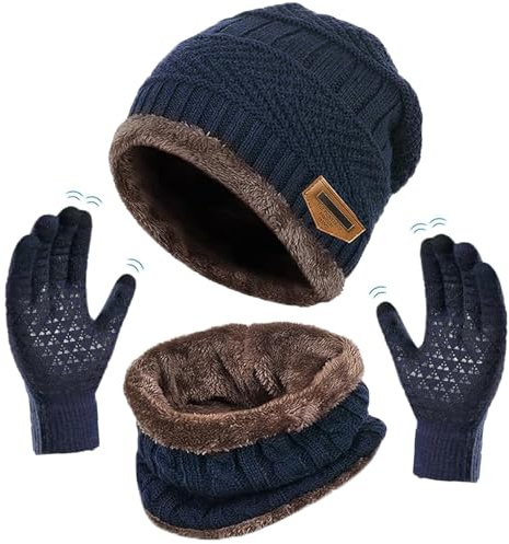 XILEPINGAN Set Guanti Sciarpa Cappello 3 in 1 Uomo Donna, Berretto Inverno con Scaldacollo e Guanti, Cappello Sciarpa Guant Touch Screen Set, con fodera in pile (Blu)