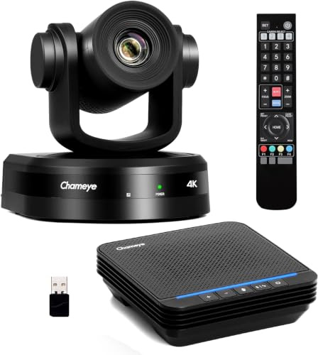 Chameye Sistema de cámara de videoconferencia 4K todo en uno con zoom 10x AI-Cámara PTZ de seguimiento automático, altavoz Bluetooth y micrófonos, para reuniones de Zoom/Teams/Webex, CB101
