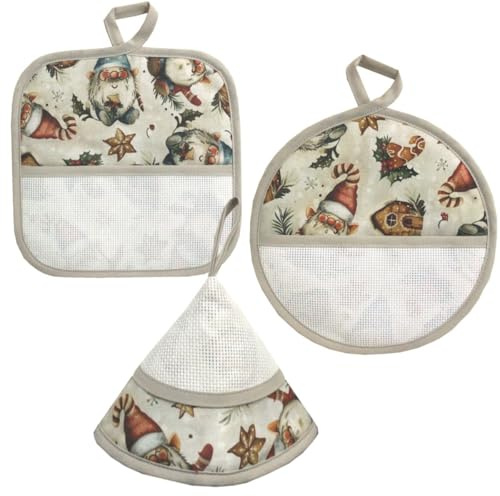 hobbymio.it Set da 3 Pezzi di presine natalizie da cucina da ricamare a punto croce, Presine Natale con Tela Aida, Tre pezzi di Presine per il punto croce, fantasia Gnomi di Natale