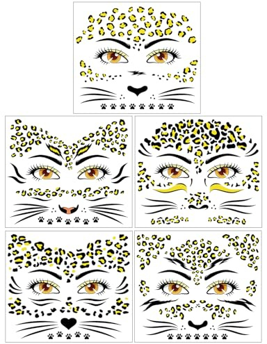 KERYBW 5 Bogen Leopard Gesichtstattoo, Leopard Temporäre Tattoo Karneval, Abnehmbare Tattoo Aufkleber für Karneval, Fasching, Halloween und Motto Party