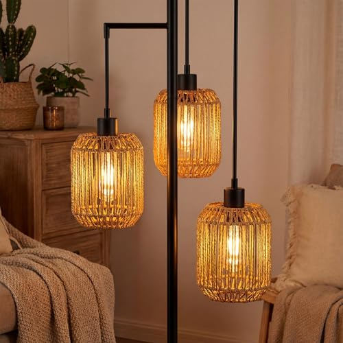 Glooglitter 3 Pack Rattan Lamp Shades, Boho Macrame Handwoven Rope Covers for Pendant Lights Floor Table Lamp Small Cylinder Woven Lampshade Set 4.92×5.91for Living Room Bedroom Decor