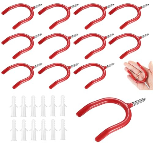 JSUOEO 12 PCS Garage Hooks Heavy Duty Ladder Hooks for Garage Wall Hook Shed Hooks for Hose Shovel Garden Tools Storage (Red)