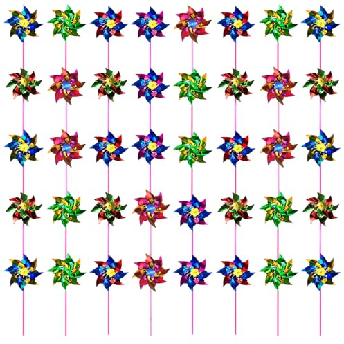 40 Pieces Windmills for Garden, Rainbow Windmills for Chlldren, Colourful Windmill Set with Rotating Visual Effects, Bird Repellent Protection for Outdoor Plants, Parent DIY Assembly Activities