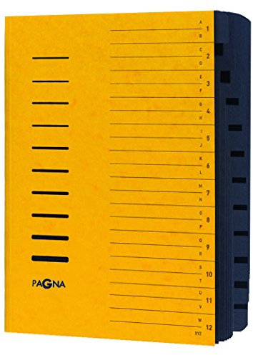 Pagna 24122-05 Ordnungsmappe 12-teilig Pressspan, Eckspanngummi, schwarzes Griffregister Aufdruck 1-12/A-Z auf dem Deckel, gelb