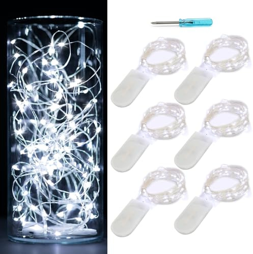 OakHaomie 6 Pack Fairy Lights Battery Operated No Remote Waterproof Firefly Lights LED Starry String Lights 20 LEDs 7ft Silvery Copper Wire for Wedding Party Bedroom Patio Christmas Decor Cool White